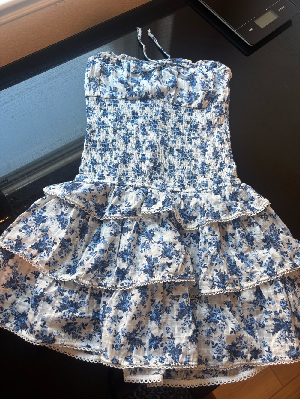 wild fable White Strapless Floral Ruffle Dress with Blue Print